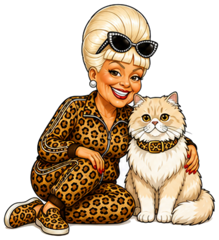Gertie sitting beside Queenie, her cream-colored cat with a leopard-print collar.