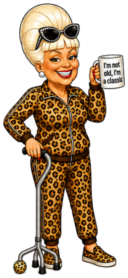 Gertie standing confidently in her leopard-print outfit, holding her 'I'm not old, I'm a classic' mug and her quad cane.