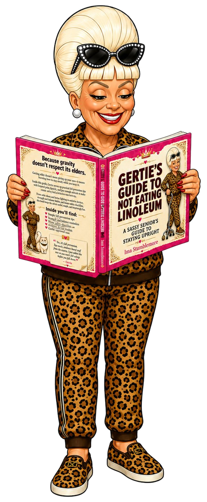 Gertie reading a copy of Gertie's Guide to Not Eating Linoleum, smiling at her own book.