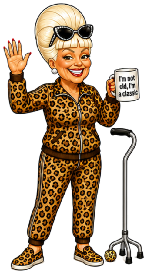 Gertie waving with her 'I'm not old, I'm a classic' mug.
